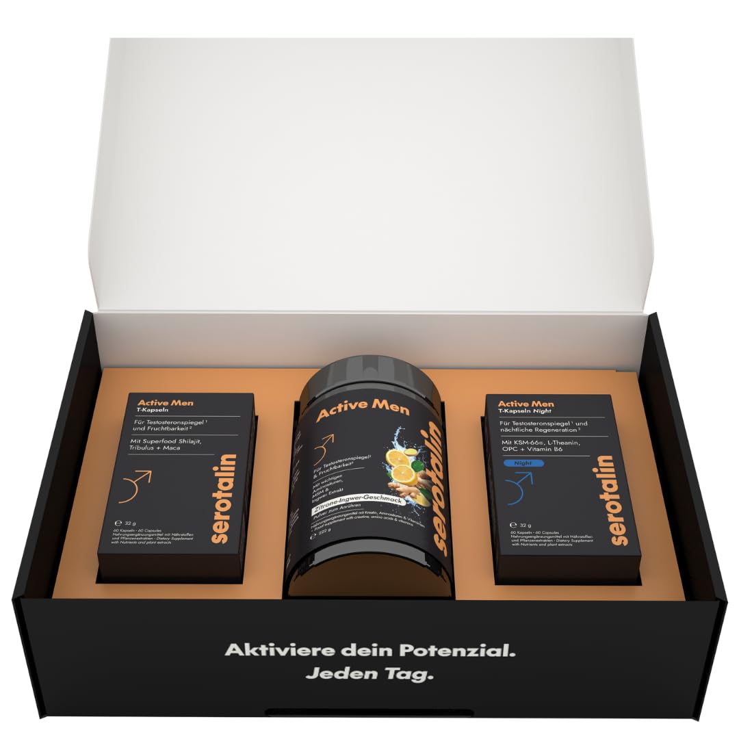 serotalin Active Men Complete Set | Kapseln mit Maca, Night Kapseln mit KSM-66 Ashwagandha & Drink mit Kreatin | Nährstoff Komplex | Made in Germany