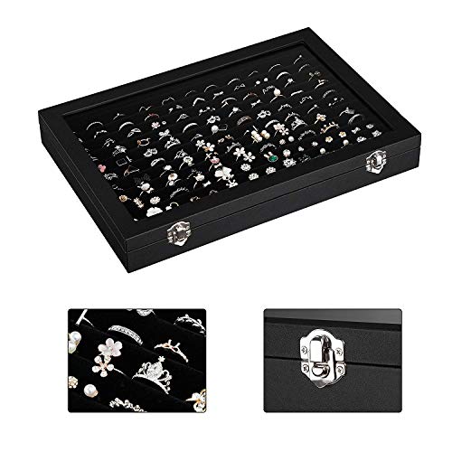 Image of BucketList Fabric Glass Jewelry Ring Display Box Tray Holder Storage Organizer - Display Storage Showcase - Fabric Glass Tray Holder Storage Box (Black)