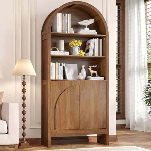 Mid Century Arched Bookcase, 5 Shelf Tall Book Shelf with Doors, 71 Inch Display Case Storage Cabinet, Large Library Arch Bookshelf, Wooden 5 Tier Book Case for Living Room, Office, Brown, Walnut