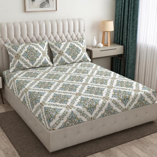 Image of Cotton Bolls Textiles Flat Bedsheet 90x90 Inch with 2 Pillow Covers - Soft Breathable, Printed Bedding Set for Double Bed