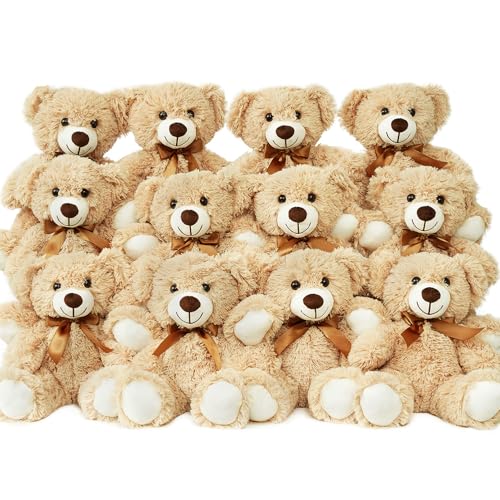 LELELONG 12 Pack Teddy Bears Bulk 13.5 inch Small Teddy Bear Stuffed Bears for Baby Shower Centerpiece Decorations for Christmas Valentine's Mother's Day for Kids or Adults (12 Light Brown)