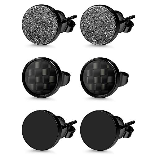 Jstyle 3 Pairs Stainless Steel Stud Earrings for Men Women Black Carbon Fiber Pierced 10MM