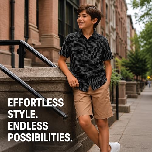 Image of DKNY Boys Shorts Set - 2 Piece Short Sleeve Collared Button Down Shirt and Matching Shorts for Boys (Sizes: 8-12)