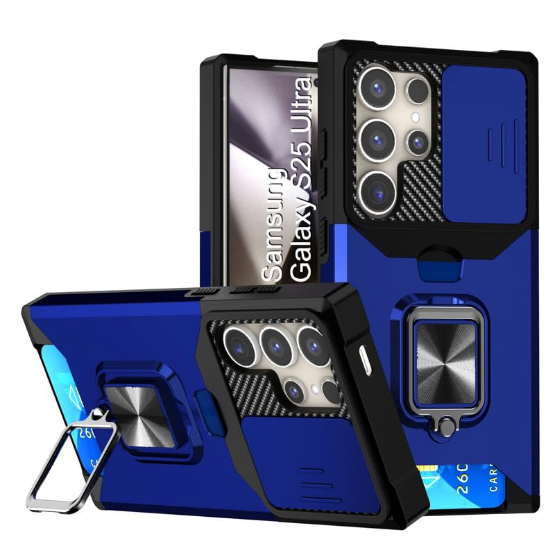 Image of LuxuryKase Shockproof Armor Case for Samsung Galaxy S25 Ultra | Slide Camera Cover | Hidden Card Slot | Rotating Ring Kickstand | Magnetic Car Mount Support | Military Grade Protection - Blue