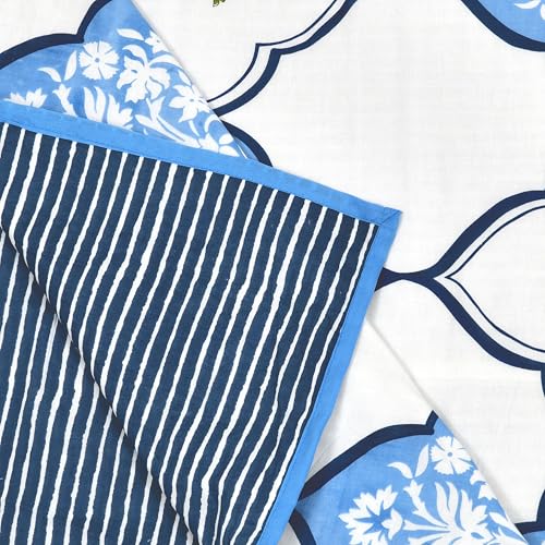 Image of BLOCKS OF INDIA 100% Cotton Dohar King Size Reversible Hand Block Printed Malmal Summer Dohar /Blanket (MUGHAL Blue)