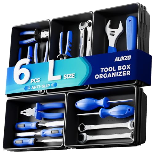6 Large Tool Box Organizer Trays with EVA Non-Slip Pads, L-Size Desk Drawer Organizer Bins for Garage Tools, Toolbox Storage Trays for Rolling Tool Chest, Desk, Kitchen and Cabinet (L_6PCS_Black)