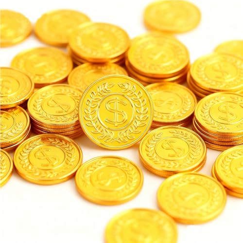 A 100 monete d\'oro in plastica, 3,5 cm, per bambini, finte monete d\'oro, per feste, ricompensa di classe, caccia al tesoro e giochi d\'avventura