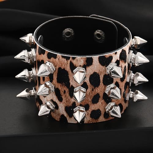 Leopard Spike Studded Leather Bracelet - Rock Punk Biker Wide Strap Leather Cuff Wristlets - Gothic Rivet Buckle Wristband3