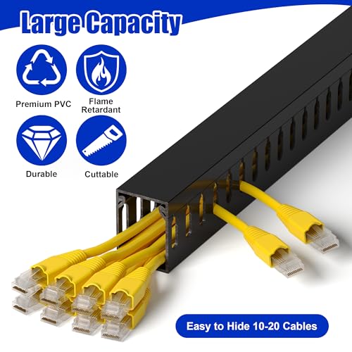 Image of 1.6 inchH x 1.2 inchW Cable Raceway, 6ft Under Desk Wire Management Channel, Black | Slotted Wire Duct, 2 Pack (3 ft Each), Heavy-Duty PVC Cable Management for Server Racks, Network Cables & Electrical Cabinets