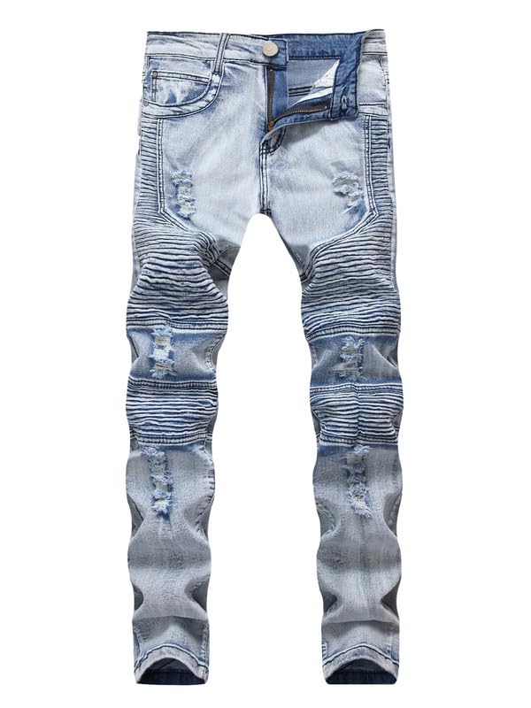 Andongnywell Men's Skinny Straight Ripped Zipper Jeans Slim Fit Stretch Knee Destroyed Patch Denim Pants