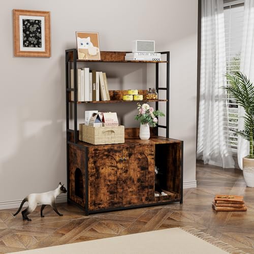 Large Litter Box Enclosure with Shelves, 52'' Hidden Cat Kitty Litter Furniture Cats Bookshelf for Living Room, Bedroom, Cat Box Enclosure Cabinet with Scratch Pad Brown