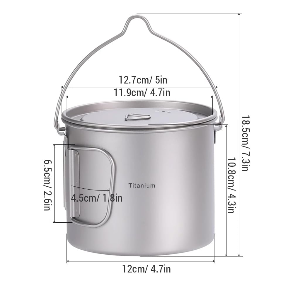 Kavolet Pot en titane de 1100 ml - Tasse de camping - Avec couvercle et poignées pliables - Ensemble de vaisselle de camping pour le camping et la randonnée