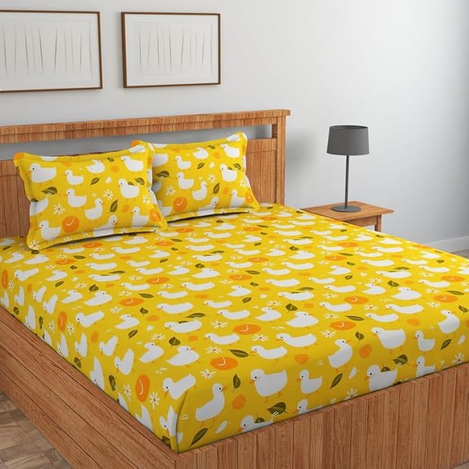 Image of RD FABS Glace Cotton Wrinkle Free Soft Hypoallergenic Elastic Fitted Cartoon Printed Bedsheets for Kids with 2 Pillow(Size,78 x 72 Inches(Fits up to 8 Inch),Yellow Duck),Double Bed,300 TC