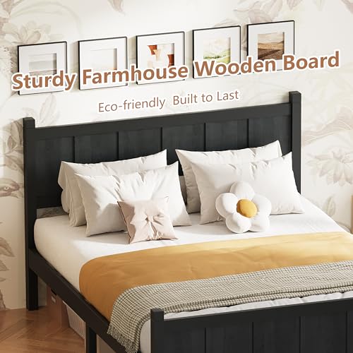 Image of Full Size Vintage Bed Frame with Headboard, Farmhouse Wooden Platform Bed with Under-Bed Storage, Minimalist Modern Wood Grain Finish Bedframe for Bedroom (Black)