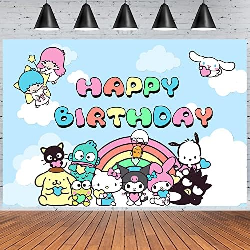 Hello Kitty, Kuromi, Cinnamoroll Birthday Party Supplies, Happy Birthday Backdrop for Kawaii Sanro Theme Party, 5 x 3 FT Keroppi Birthday Banner for Girls Boys Kids Birthday Party Decorations