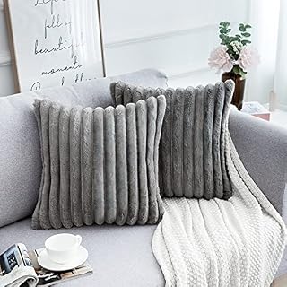 Grey Cushion Covers Decorative Striped Throw Pillow Cover 45cm x 45cm Soft Fuzzy Faux Fur Pillow Cases Square Pillowcses for Livingroom Sofa Bedroom ,Pack of 2