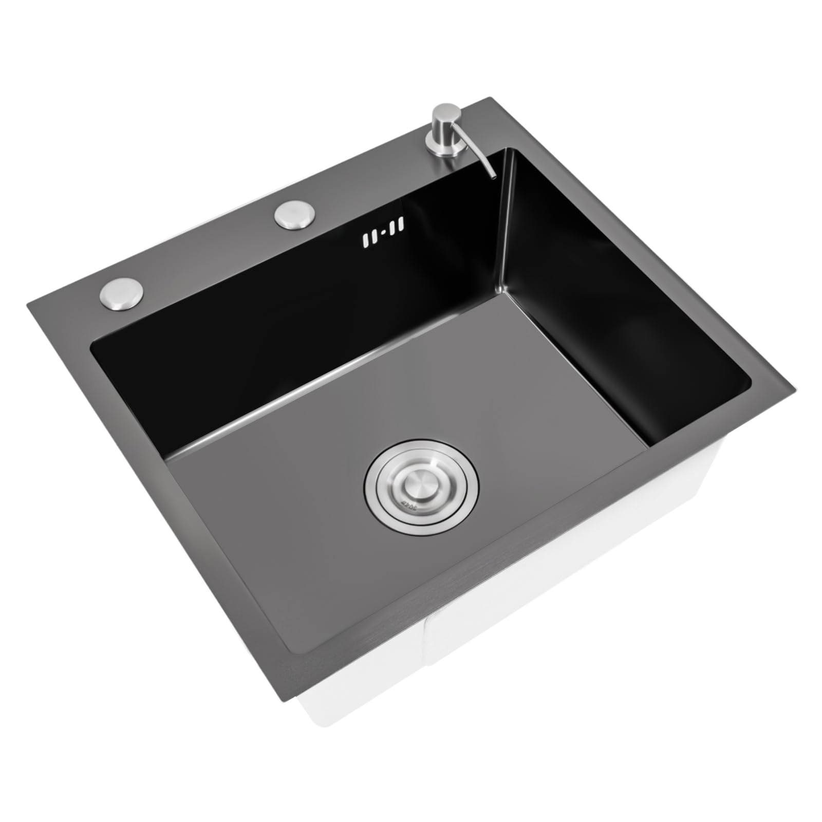 Fregadero de cocina negro, de acero inoxidable, moderno, de acero inoxidable, incluye dispensador de jabón, sifón y rebosadero, 50 x 45 x 20 cm