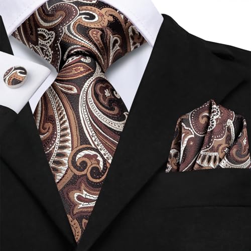 Image of Hi-Tie Men Ties Sets Silk Stripe Paisley Necktie Pocket Square Cufflinks for Business Wedding