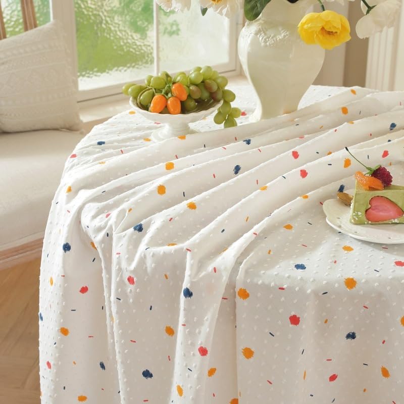 HAIRUO Cotton Linen White Tablecloth Farmhouse Polka Dot Table Cover for Wedding Parties Kitchen Picnic Home Decor (White,Round, 70")