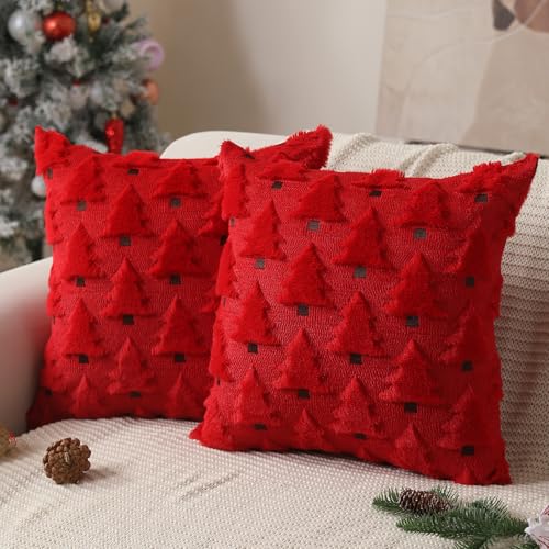 Image of Allorry Christmas Pillow Covers 20x20 inch Set of 2 Christmas Decorations Soft Plush Faux Fur Wool Red Christmas Tree Throw Pillow Cases Winter Holiday Decor for Sofa Living Room PT002B20