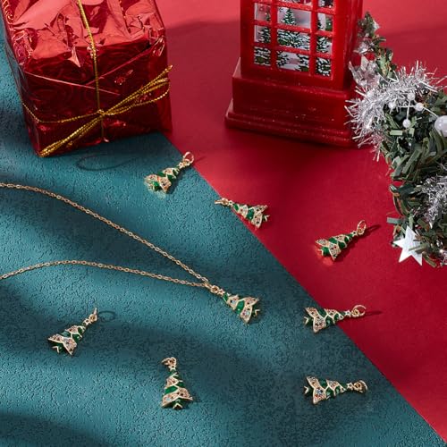 Beebeecraft 1 Box 10Pcs Christmas Tree Charms Enamel Cubic Zirconia 18K Gold Plated Xmas Tree Charms with Jump Ring for Bracelet Jewelry Making - Image 4