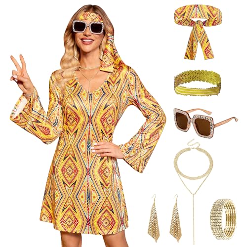 Women Halloween 70s 1970s Flared Sleeves Costume Dancer Go Go Glitter Dresses Yellow Diamond L