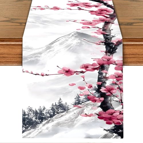 Asian Plum Blossom Table Runner – Elegant Ink Wash Cherry Flower Design – Chinese Style Dining Table Decor – 13 x 72 Inches – Spring Floral Table Runner for Home, Party, Wedding, Festival