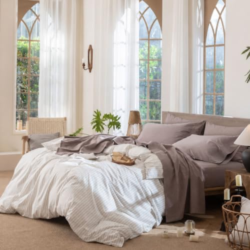 Image of MooMee Sheet Set 100% Washed Cotton Linen-Like Extra Deep Pocket Queen | Relaxed Linen-like Texture. Soft, Breathable & Lightweight Comfort. 15-19 inch Extra Deep Pocket with All-around Elastic
