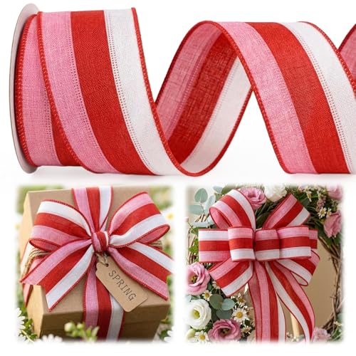 Spring Pink Red Stripes Wired Edge Ribbons for Bow Making Baby Shower Ribbon Bows Accessories for Crafting Gift Wrapping Decorations