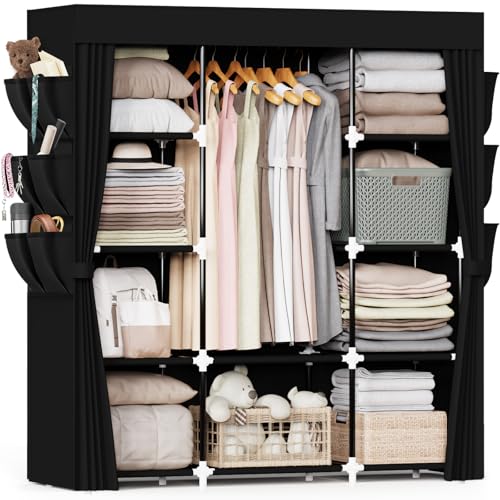 Mavivegue Fabric Wardrobe 45 x 150 x 161 cm Portable Wardrobe Foldable Closets with 6 Side Pockets Black Closet for Bedroom Living Room & Dorm