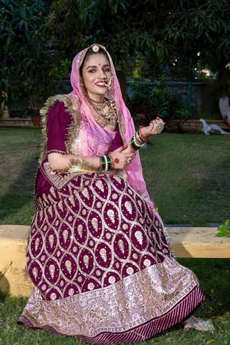 Image of Heavy Embroidery Work Semi Stitched Shimmer Silk Rajputi Poshak For Women Rajasthani Lehenga Choli