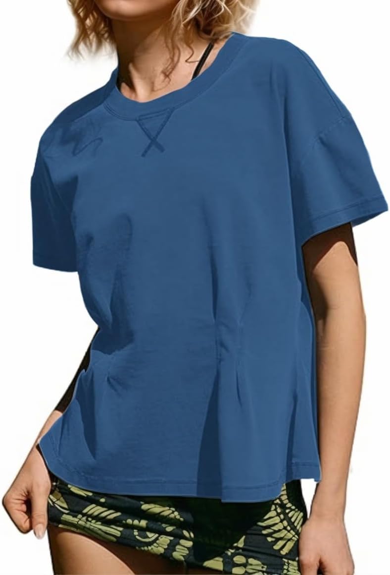 Yozazzy Women's Summer Short Sleeve Crewneck Flattering Pleated Babydoll Peplum Top Y2k Casual Flowy T Shirts