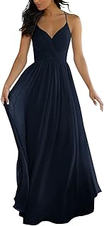 Zeeyecie Vestidos de dama de honor con tirantes delgados para mujer, vestidos de noche formales con cuello en V de gasa fr...
