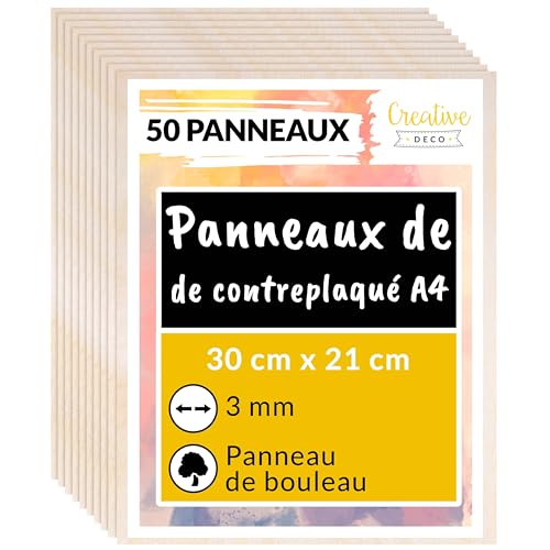 Creative Deco 50 x A4 Contreplaqué 3mm | 300 x 210 x 3mm (+/- 2mm) | Planche Bois Brut Bouleau | Panneau Feuille Découpe Laser | Bois pour Pyrogravure,...