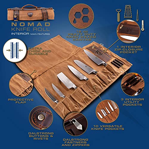 Dalstrong Nomad Knife Wrap Roll - 12oz Waxed Canvas Top Grain Leather Knife Roll Bag- 13 Slots - Interior & Rear Zipper Pockets - Travel Storage with Blade - Image 2