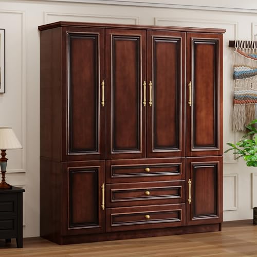 TemkTuek Solid Wood Armoire:Large Wardrobe Closet with Drawers and Hanging Rod,Storage Cabinet Clothes Organizer for Bedroom Cherry Finish