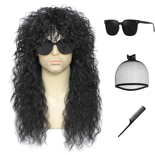 Image of Men's 80s Heavy Metal Rock Wig, Long Curly Punk Wig, Vintage Glam Rocker Mullet Wig for Halloween Party and Cosplay Cap+Sunglasses+Comb (Black)