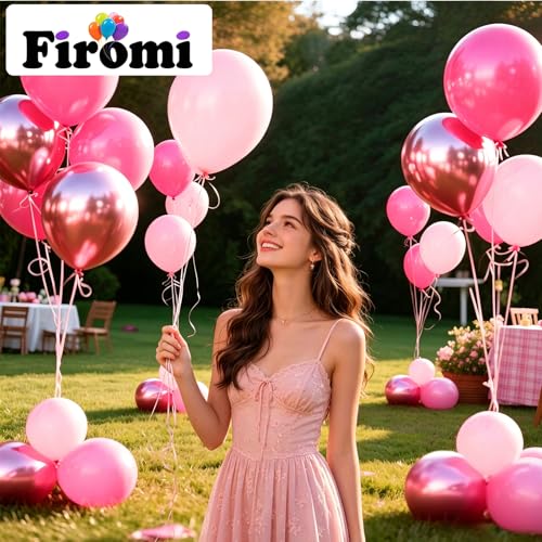 Image of Firomi Metallic Chrome Pink Balloons Set 12-inch 70 pack (with 2 Ribbons)