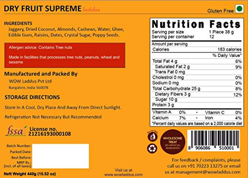 Image of WOW Laddus - Dry Fruit Supreme 440 Grams Pack of 12 | Natural Jaggery Sweetened | Pure Ghee Infused | Nutrient & Healthy Tasty Laddoos | No Added Preservative