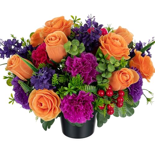 Memobloom Artificial Grave Flower Pots: Orange Roses Purple Carnation Artificial Flowers for Graves Cemetery Decorations - Spring Funeral Memorial Fake Silk Bouquet for Outdoor Graveside