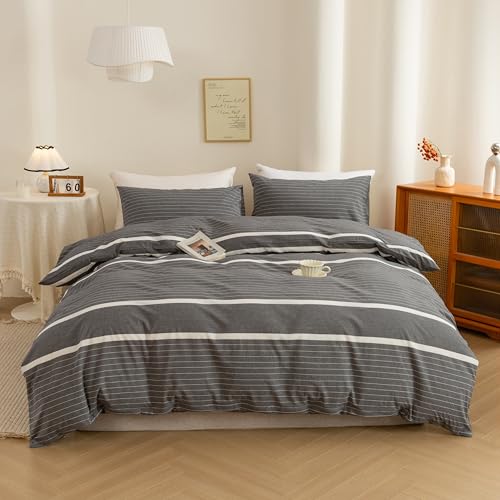 Image of ECOCOTT Grey Striped Duvet Cover Oversized King Size, 100% Washed Cotton 3-Piece Bedding Set - Ultra Soft, Breathable & Easy Care with Zipper Closure and 2 Pillowcases, No Comforter