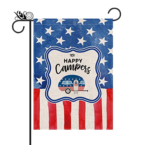 Happy Campers Garden Flags Vertical Double Sided Star Stripe Flag Outdoor Decorations Camping Trailer RV Yard Sign Banner 12.5 x 18 Inch