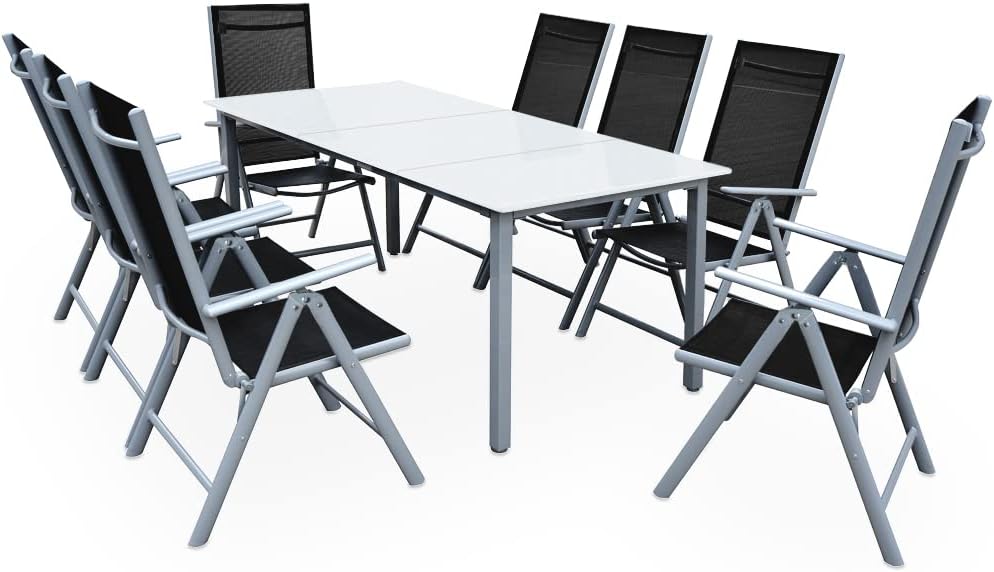 – CASARIA® Bern 8+1 Garden Dining Furniture Set | 8x 8 Way Adjustable High Back Folding Chairs | Table 190x90cm Aluminium 5mm Frosted Safety Glass | Weatherproof Patio Balcony Deck Seating | Silver