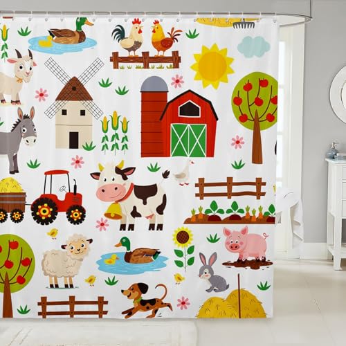 Feelyou Cartoon Tractor Bath Curtain Cute Farm Animals Bathroom Shower
