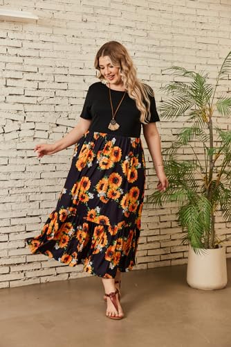Image of IN'VOLAND Women Plus Size Short Sleeve Dress Loose Plain Casual Summer Flowy Tiered Long Maxi Dresses with Pockets
