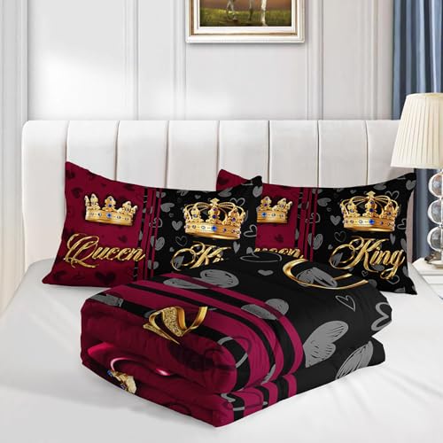Image of AILONEN Queen & King Bedding Set Full Size for Men Women Couples,Luxury Crown Comforter with 2 Pillowcases,3-Piece Black & Red Hearts Quilt Set for Bedroom Decor