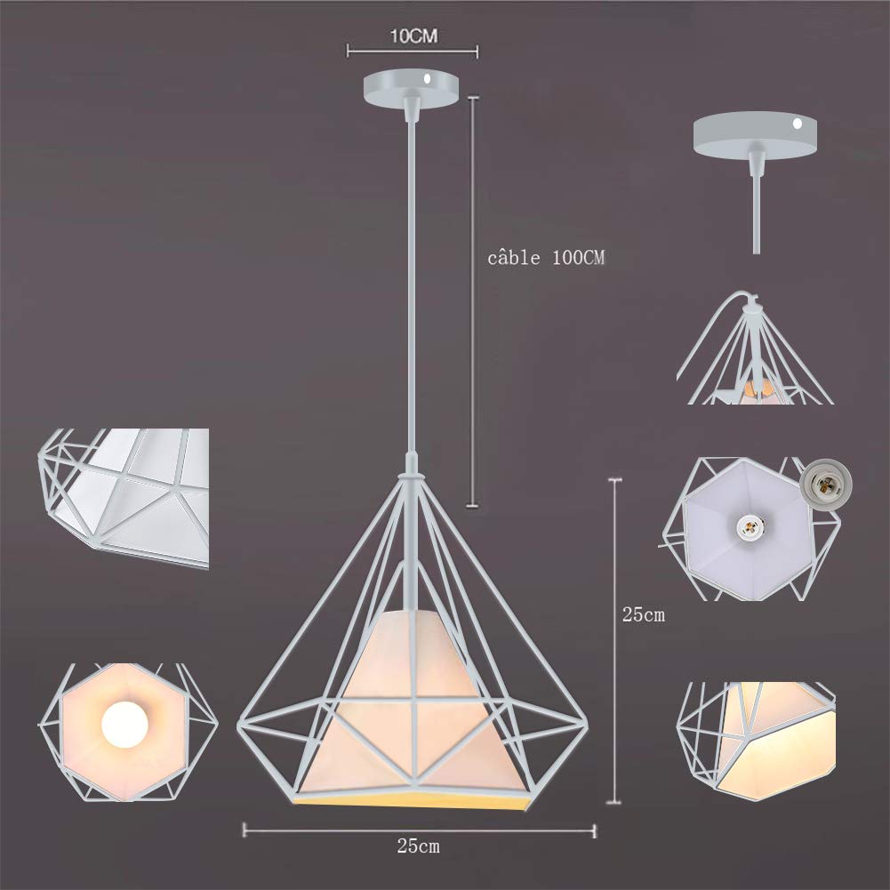 Lustre Suspension E27 Cage en Fer Forme Diamant avec Douille Eclairage pour Décor Restaurant Salle Chambre (BLANC, S<25CM>)