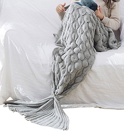 Umeicool Sirena Manta Croché Ondulado Escama Suave Cuatro Estaciones Saco De Eormir Para los niños o Adultos (Gris)