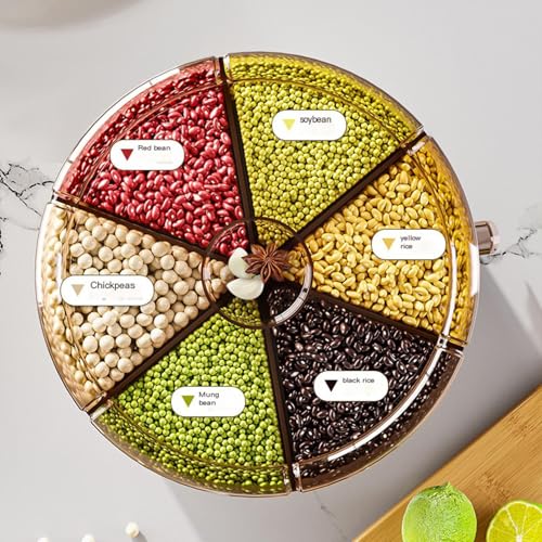 Grain Dispenser, 360 Rotating 6-Grid Dry Food Dispenser, Large Grain Container Storage with Lid, One-Click Output rice Storage Round Grain Dispenser Kitchen (Larger) - Image 4