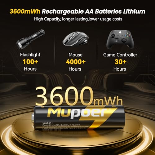 Image of Mupoer Rechargeable AA Batteries Lithium 8 Pack,Lithium Batteries AA 1.5V 3600mWh High Capacity,Double A Rechargeable Batteries,Pilas Recargables AA Battery,Li ion AA Batteries for Blink Xbox